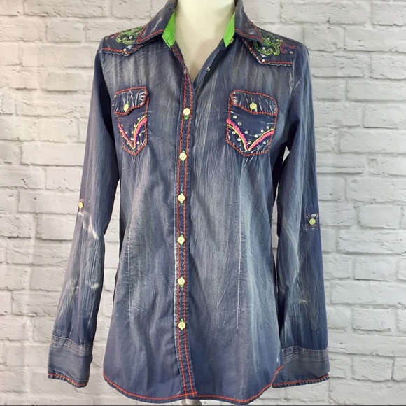 Roar Tops - Roar blue button down embroidered western shirt